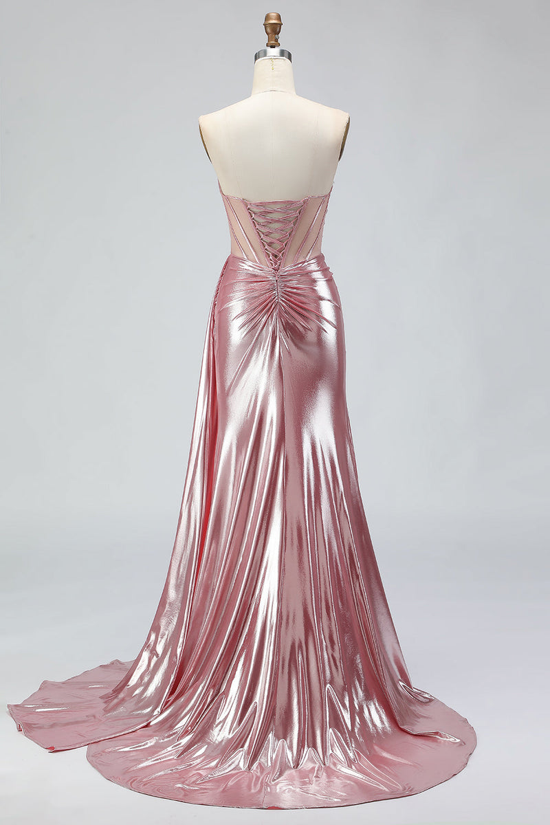 Load image into Gallery viewer, Sparkly Pink Sweetheart Mermaid Corset Long Prom Dress with Slit