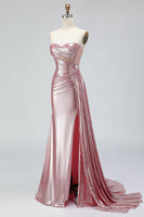 Load image into Gallery viewer, Sparkly Pink Sweetheart Mermaid Corset Long Prom Dress with Slit