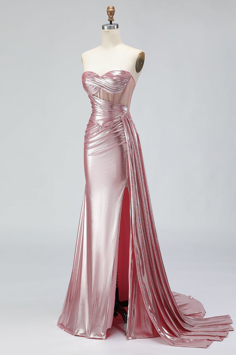 Load image into Gallery viewer, Sparkly Pink Sweetheart Mermaid Corset Long Prom Dress with Slit