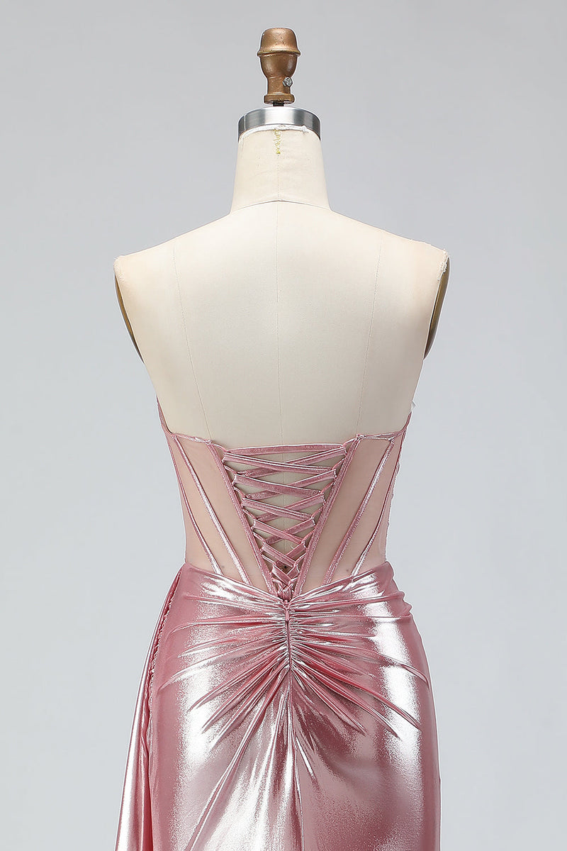 Load image into Gallery viewer, Sparkly Pink Sweetheart Mermaid Corset Long Prom Dress with Slit