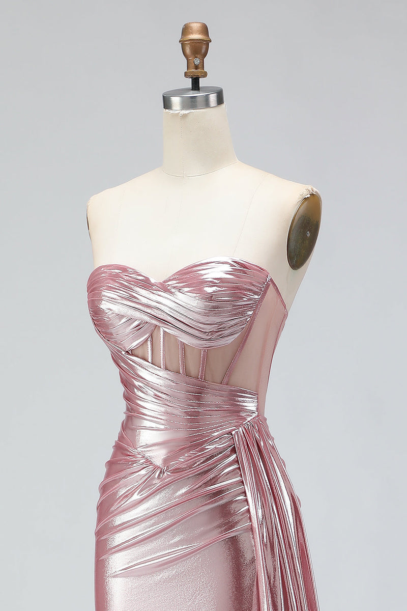 Load image into Gallery viewer, Sparkly Pink Sweetheart Mermaid Corset Long Prom Dress with Slit