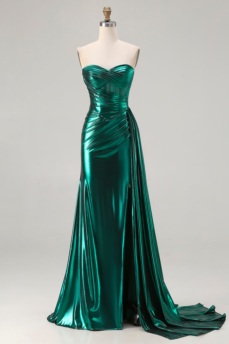 Load image into Gallery viewer, Sparkly Dark Green Strapless Mermaid Corset Long Prom Dress with Slit