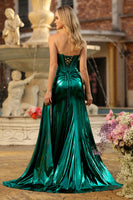 Load image into Gallery viewer, Sparkly Dark Green Strapless Mermaid Corset Long Prom Dress with Slit