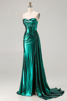 Load image into Gallery viewer, Sparkly Dark Green Strapless Mermaid Corset Long Prom Dress with Slit