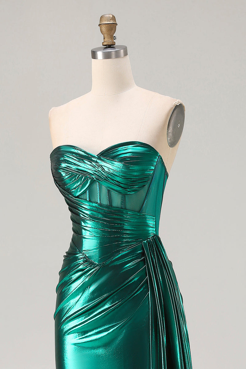 Load image into Gallery viewer, Sparkly Dark Green Strapless Mermaid Corset Long Prom Dress with Slit