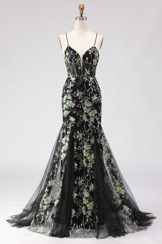 Sparkly Black Floral Spaghetti Straps Beaded Long Corset Prom Dress