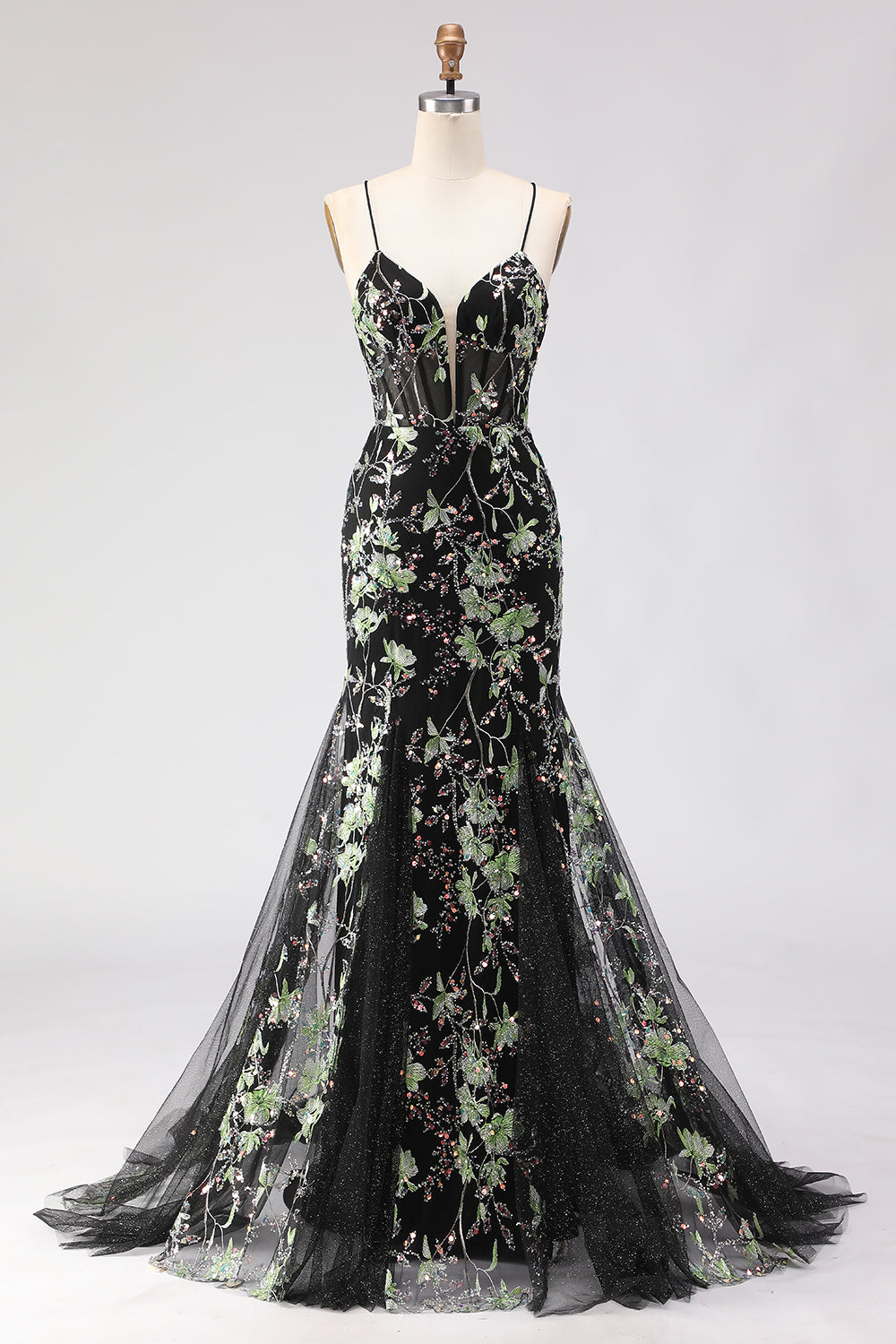 Sparkly Black Floral Spaghetti Straps Beaded Long Corset Prom Dress