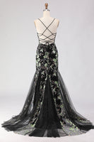 Load image into Gallery viewer, Sparkly Black Floral Spaghetti Straps Beaded Long Corset Prom Dress