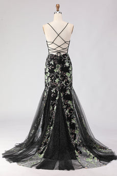 Sparkly Black Floral Spaghetti Straps Beaded Long Corset Prom Dress