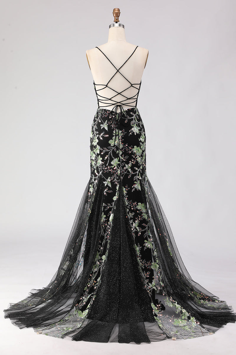 Load image into Gallery viewer, Sparkly Black Floral Spaghetti Straps Beaded Long Corset Prom Dress