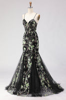 Load image into Gallery viewer, Sparkly Black Floral Spaghetti Straps Beaded Long Corset Prom Dress