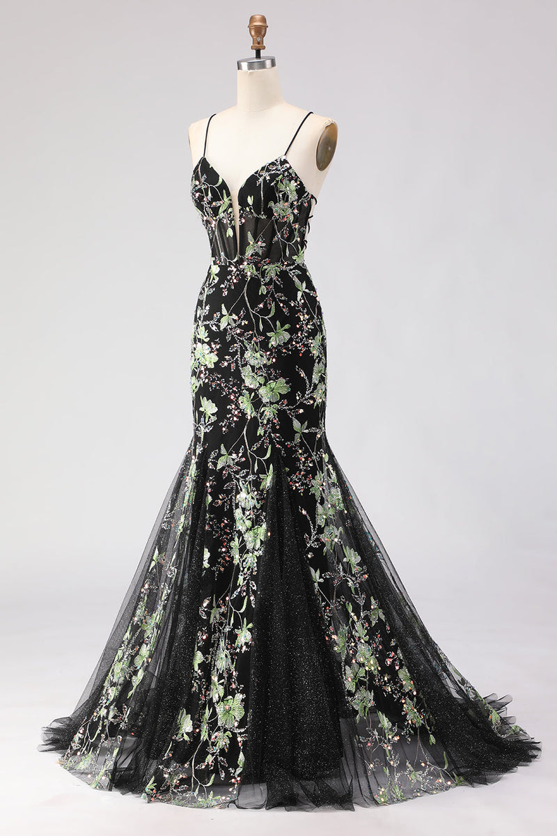 Load image into Gallery viewer, Sparkly Black Floral Spaghetti Straps Beaded Long Corset Prom Dress