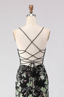 Load image into Gallery viewer, Sparkly Black Floral Spaghetti Straps Beaded Long Corset Prom Dress