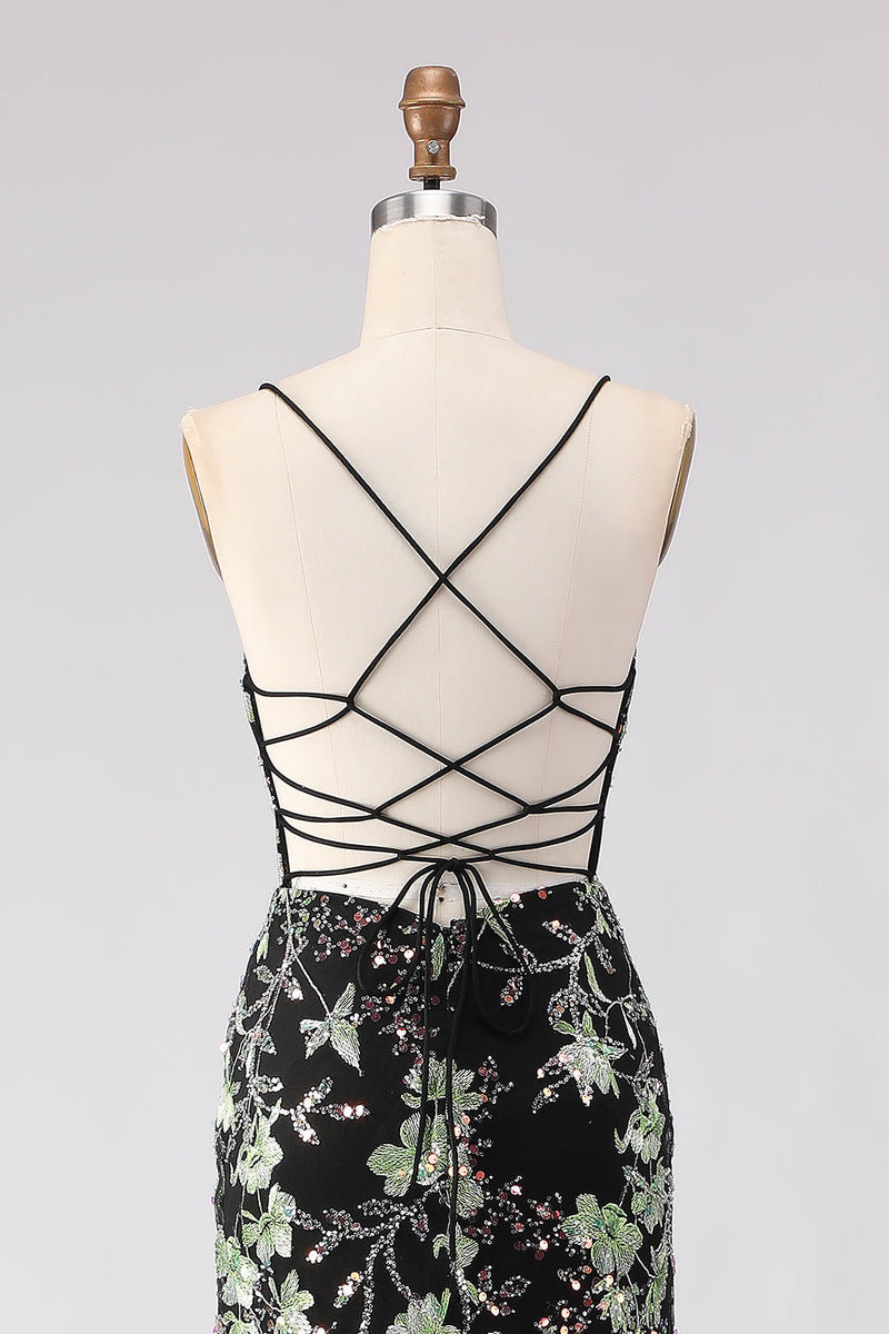 Load image into Gallery viewer, Sparkly Black Floral Spaghetti Straps Beaded Long Corset Prom Dress