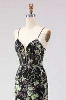 Load image into Gallery viewer, Sparkly Black Floral Spaghetti Straps Beaded Long Corset Prom Dress