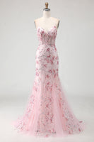Load image into Gallery viewer, Sparkly Pink Beaded Floral Mermaid Spaghetti Straps Corset Long Prom Dress