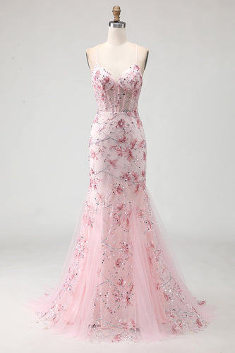 Sparkly Pink Beaded Floral Mermaid Spaghetti Straps Corset Long Prom Dress