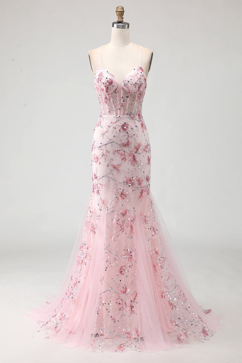 Load image into Gallery viewer, Sparkly Pink Beaded Floral Mermaid Spaghetti Straps Corset Long Prom Dress