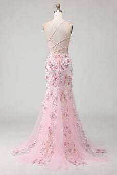 Sparkly Pink Beaded Floral Mermaid Spaghetti Straps Corset Long Prom Dress
