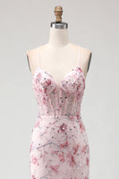Load image into Gallery viewer, Sparkly Pink Beaded Floral Mermaid Spaghetti Straps Corset Long Prom Dress