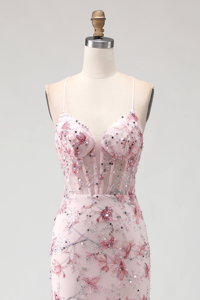 Load image into Gallery viewer, Sparkly Pink Beaded Floral Mermaid Spaghetti Straps Corset Long Prom Dress