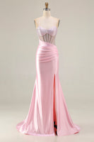 Load image into Gallery viewer, Sparkly Pink Mermaid Long Corset Prom Dress with Slit