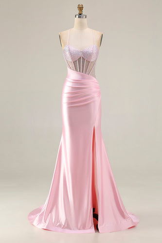 Sparkly Pink Mermaid Long Corset Prom Dress with Slit