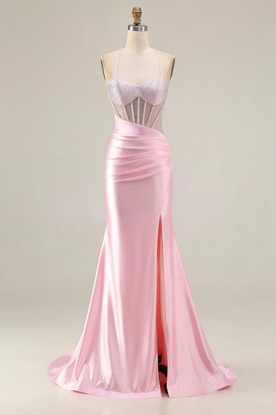 Sparkly Pink Mermaid Long Corset Prom Dress with Slit
