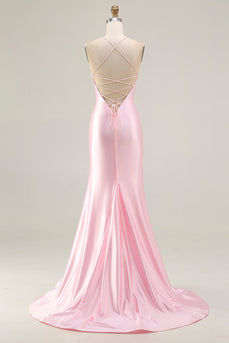 Sparkly Pink Mermaid Long Corset Prom Dress with Slit
