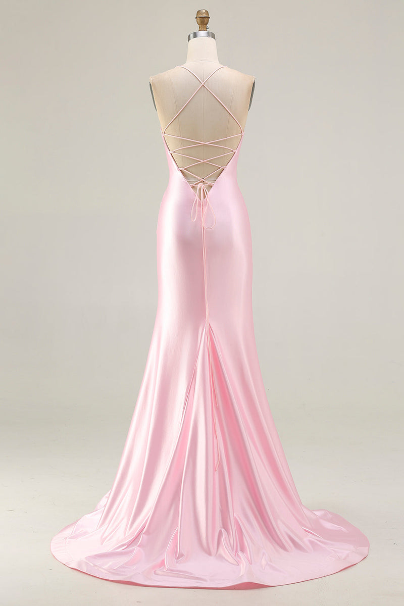 Load image into Gallery viewer, Sparkly Pink Mermaid Long Corset Prom Dress with Slit