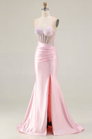 Load image into Gallery viewer, Sparkly Pink Mermaid Long Corset Prom Dress with Slit