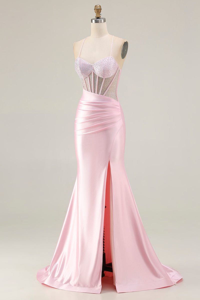Load image into Gallery viewer, Sparkly Pink Mermaid Long Corset Prom Dress with Slit