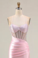 Load image into Gallery viewer, Sparkly Pink Mermaid Long Corset Prom Dress with Slit