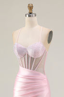 Load image into Gallery viewer, Sparkly Pink Mermaid Long Corset Prom Dress with Slit