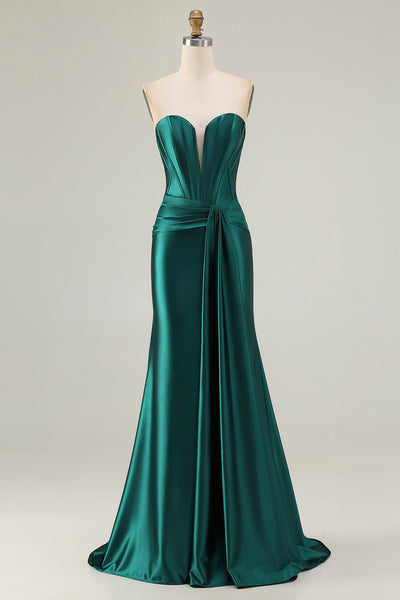 Dark Green Strapless Mermaid Long Corset Prom Dress