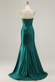 Dark Green Strapless Mermaid Long Corset Prom Dress