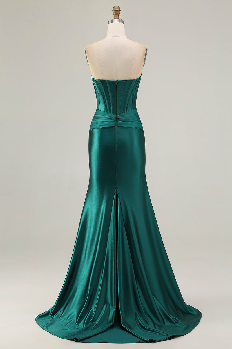 Load image into Gallery viewer, Dark Green Strapless Mermaid Long Corset Prom Dress