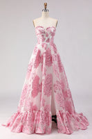 Load image into Gallery viewer, Floral Pink Ruffled Sweetheart Corset Long Prom Dress with Slit