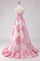 Load image into Gallery viewer, Floral Pink Ruffled Sweetheart Corset Long Prom Dress with Slit