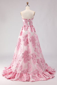 Floral Pink Ruffled Sweetheart Corset Long Prom Dress with Slit