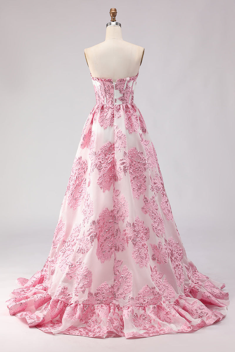Load image into Gallery viewer, Floral Pink Ruffled Sweetheart Corset Long Prom Dress with Slit
