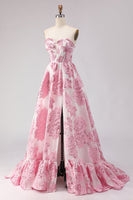 Load image into Gallery viewer, Floral Pink Ruffled Sweetheart Corset Long Prom Dress with Slit