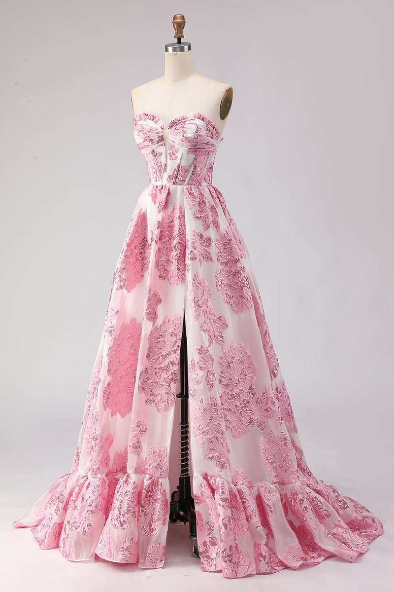 Load image into Gallery viewer, Floral Pink Ruffled Sweetheart Corset Long Prom Dress with Slit