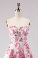 Load image into Gallery viewer, Floral Pink Ruffled Sweetheart Corset Long Prom Dress with Slit
