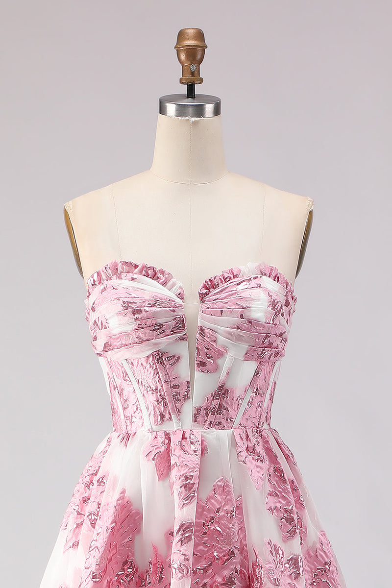 Load image into Gallery viewer, Floral Pink Ruffled Sweetheart Corset Long Prom Dress with Slit