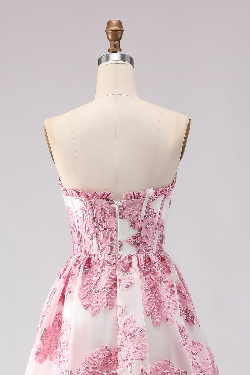 Load image into Gallery viewer, Floral Pink Ruffled Sweetheart Corset Long Prom Dress with Slit