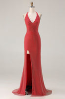 Load image into Gallery viewer, Sparkly Red Halter Neck Mermaid Long Prom Dress with Slit