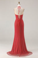 Load image into Gallery viewer, Sparkly Red Halter Neck Mermaid Long Prom Dress with Slit