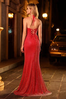 Load image into Gallery viewer, Sparkly Red Halter Neck Mermaid Long Prom Dress with Slit
