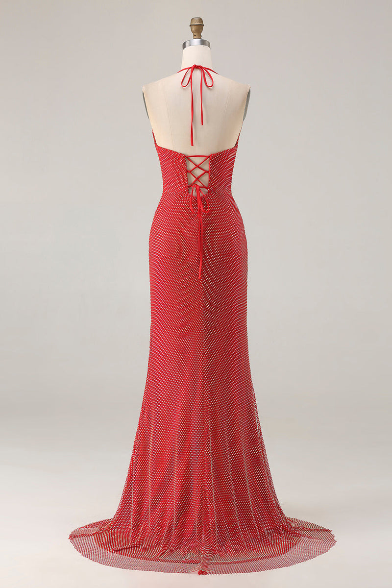 Load image into Gallery viewer, Sparkly Red Halter Neck Mermaid Long Prom Dress with Slit